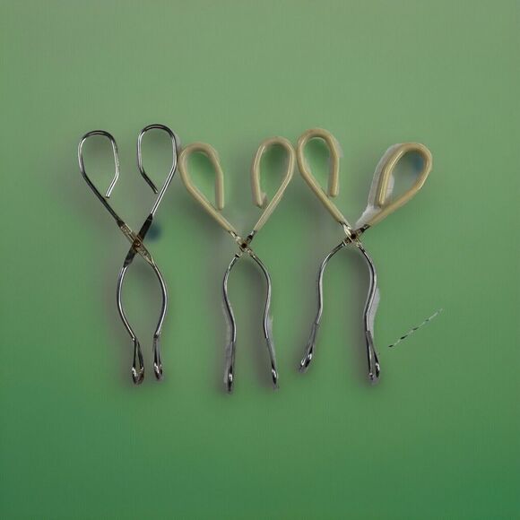 3 Vintage EKCO Angled Kitchen Tongs‎ Metal Center Hinge USA Stainless Steel 8" - Picture 1 of 2